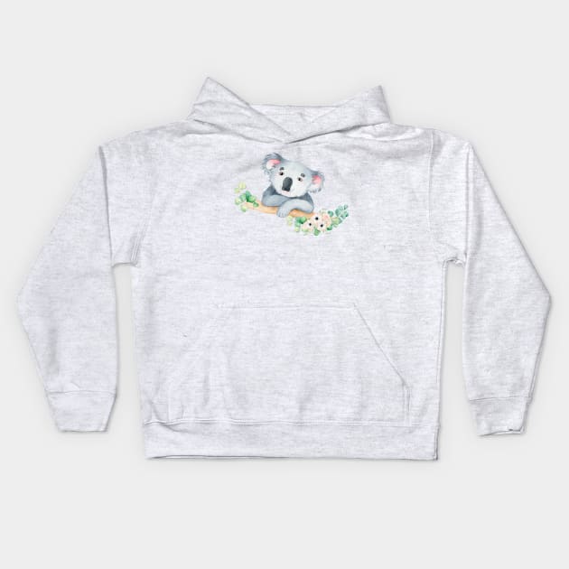 Koala in watercolor with leaves and flowers Kids Hoodie by pickledpossums